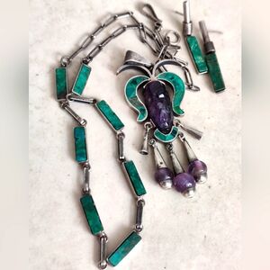 Vintage Jose Marmolejo Sterling Silver Aztec Warrior Necklace & Earrings Set